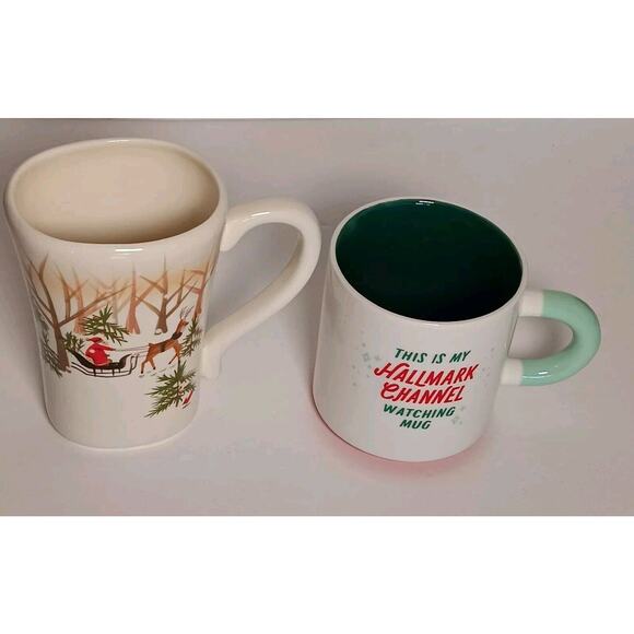 2 Hallmark Christmas Mugs Santa Reindeer Watching Tea Coffee Cup 16 oz - Picture 1 of 16